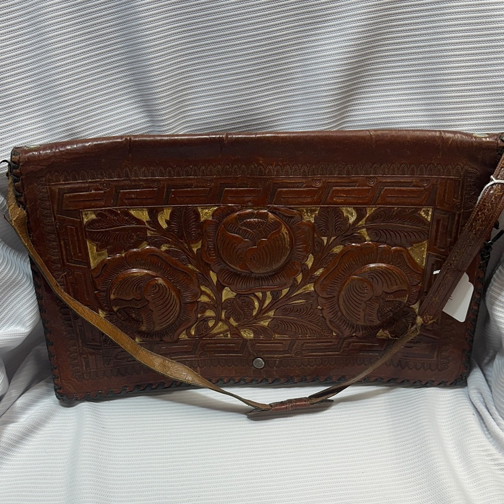 Vintage Handcrafted Brown Leather Floral Women satchel Bag from Mexico
